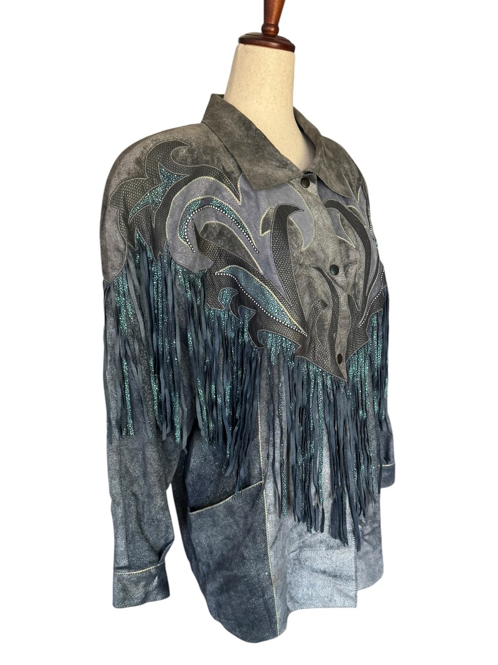 Vintage 80s Roberto Cavalli Fringed Metallic Blue Gray Suede Western Jacket XS - Picture 3 of 16